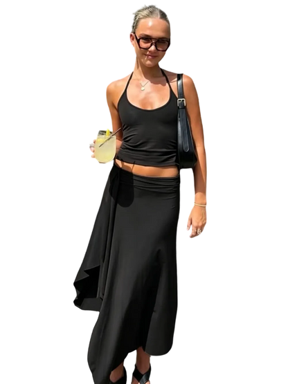 Solid-Color Sleeveless Backless Tie-Strap Camisole and Slim-Fit Side-Slit Maxi Skirt Two-Piece Set