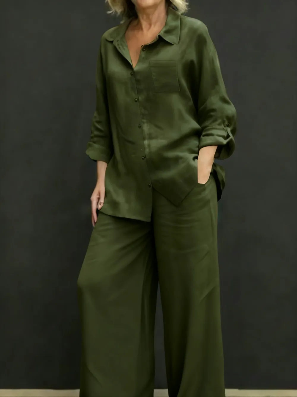 Women's Solid Color Shirt & Wide Leg Pants Set
