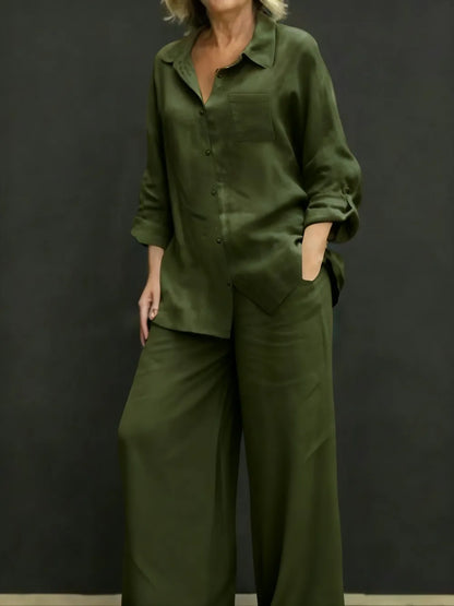 Women's Solid Color Shirt & Wide Leg Pants Set