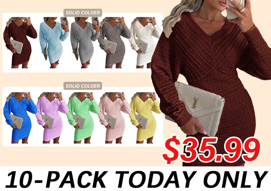 Women V Neck Knit Sweater Dress Pullover Hollow Out Casual Batwing Sleeve
