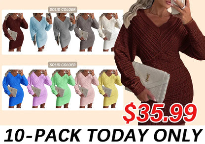 Women V Neck Knit Sweater Dress Pullover Hollow Out Casual Batwing Sleeve