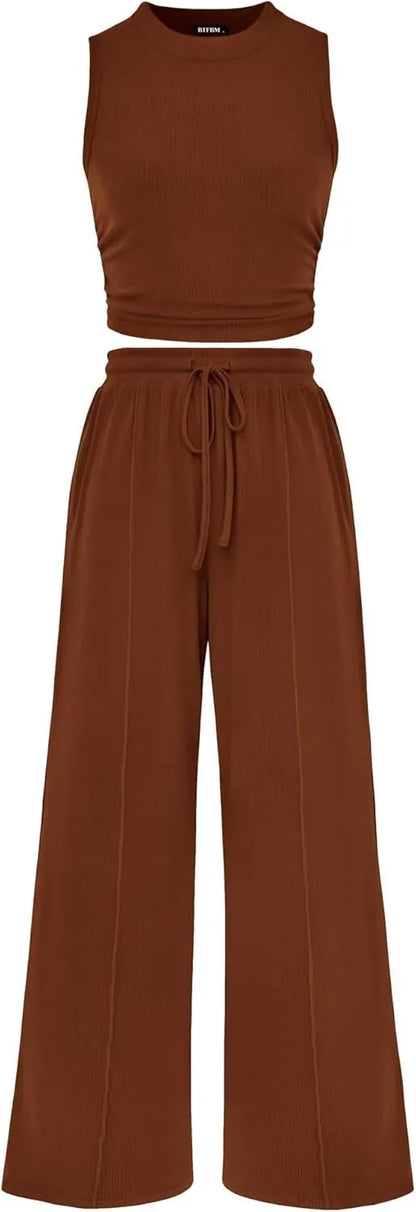 Women Summer 2 Piece Outfits 2026 Beach Crew Neck Sleeveless Cropped Top Elastic Waist Wide Leg Pants Lounge Set