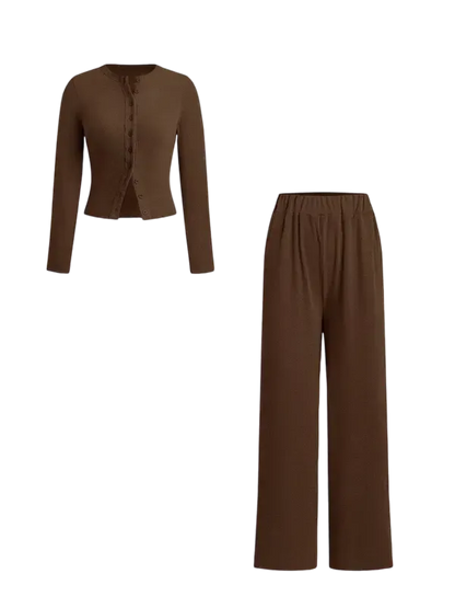 Two-piece Set Women's Solid Button Front Ribbed Crop Top & Elastic Waist Pants