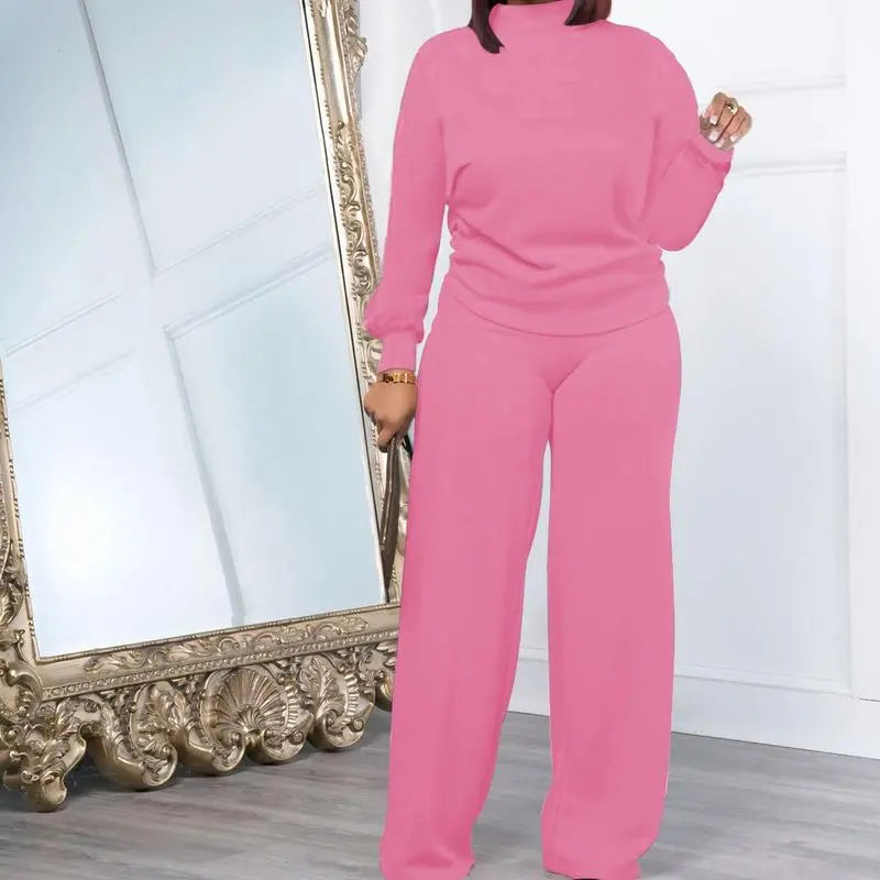 Women Fall Winter Long Sleeve Semi High Neck Loose Top & Wide Leg Pants