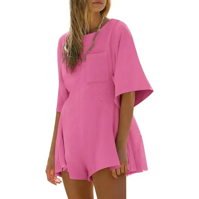 Short Sleeve Crew Neck Loose Jumpsuits with Pocket