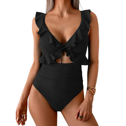 One Piece Swimsuit Ruffle Bathing V Neck Ruched