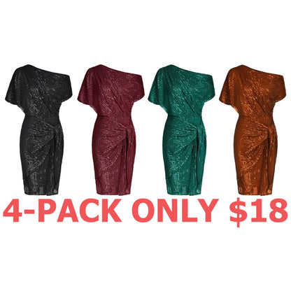 Women Sequined Party Dress Short Sleeve Asymmetric Off Shoulder Bodycon Dress
