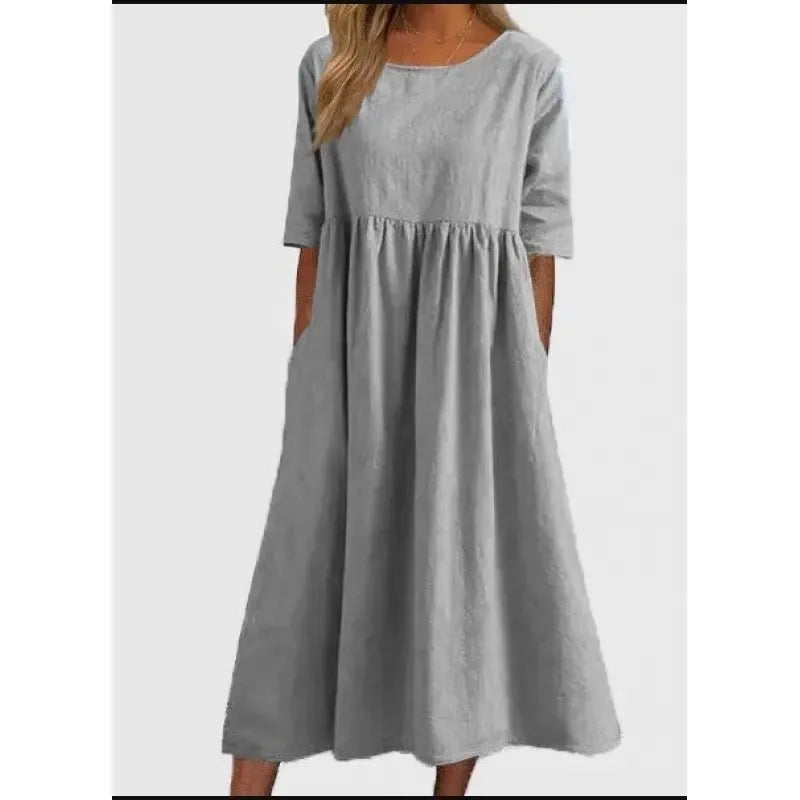 Cotton and Linen Casual Short Sleeve Pocket Dress