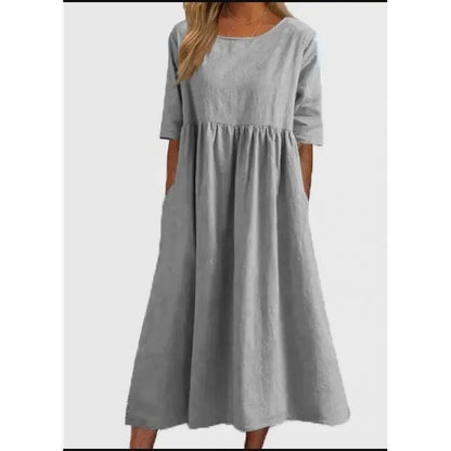 Cotton and Linen Casual Short Sleeve Pocket Dress
