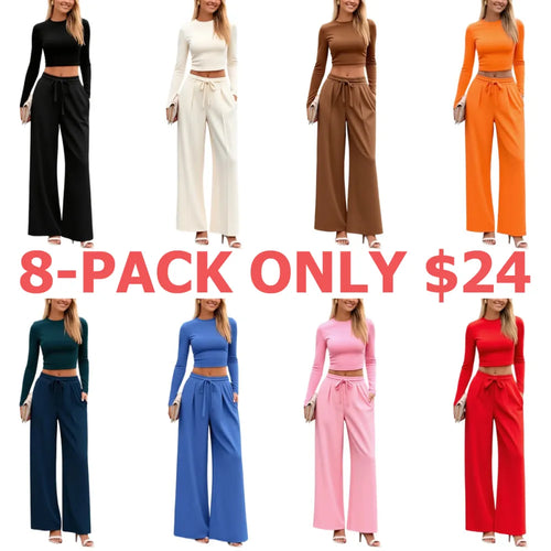 2-Piece Ribbed Knit Long Sleeve Crop Top Wide Leg Pants Matching Lounge Set Loungewear