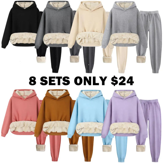 Women's Thermal Lined Solid Color Hoodie & Drawstring Waist Pants Two-piece Set