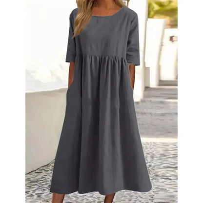 Cotton and Linen Casual Short Sleeve Pocket Dress