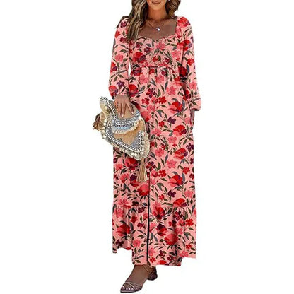 🔥2025 CRAZY DEAL🔥Spring Dresses for Women 2025 Boho Floral Smocked Square Neck Long Sleeve Button Down Beach Long Maxi Dress