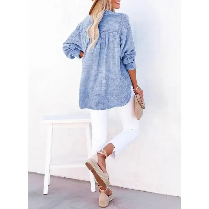 Women's Casual Button V Neck Long Sleeve Shirts