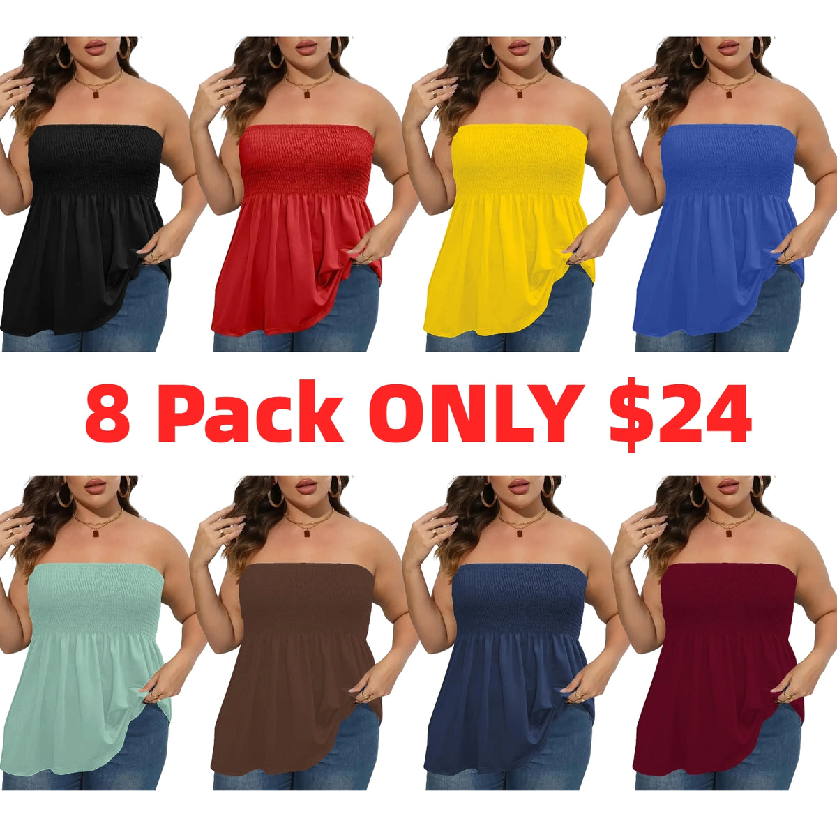 Plus Size Solid Ruffle Hem Shirred Tube Top