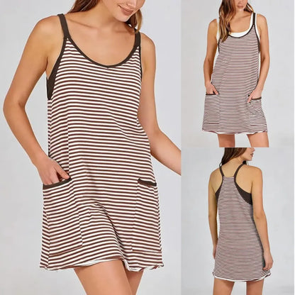 Women's Summer Sleeveless 4th Of July Striped Mini Dress with Built-in Shorts V Neck Spaghetti Straps Athletic Shorts Tennis Dress with Pockets