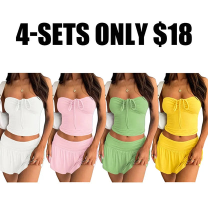 Womens 2 Piece Summer Outfits Y2k Crop Tube Tops and Pleated Mini Skirts Beach Sets