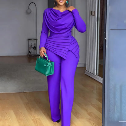 Cowl Neck Asymmetrical Patchwork Ruched Jumpsuit