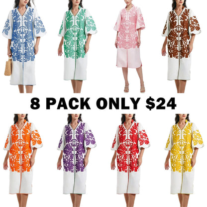 Women Casual V-Neck Mid Dress Floral Embroidery 3/4 Sleeves