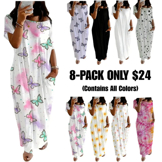 Women's Pocket Round Neck Nightdress Lady's Sleepwear Dresses