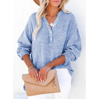 Women's Casual Button V Neck Long Sleeve Shirts