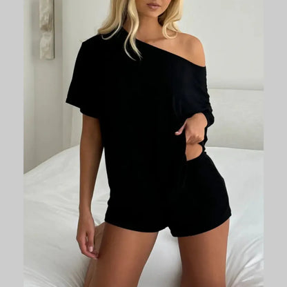 Women’s Casual Two Piece Lounge Set Off Shoulder Top & Fitted Shorts Springtok SpringStatements