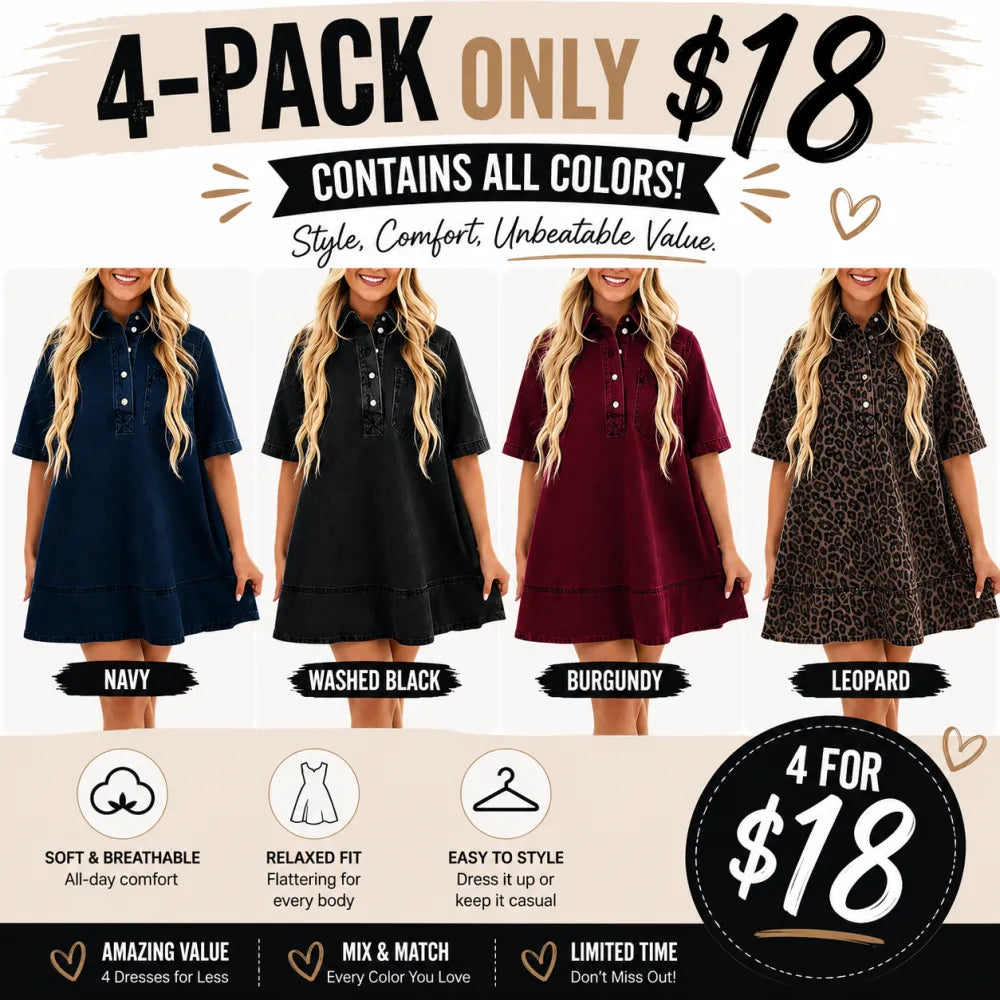 Women's Denim Shirt Mini Dress - Short Sleeve A-Line Swing Fit with Button Half-Placket and Chest Pocket