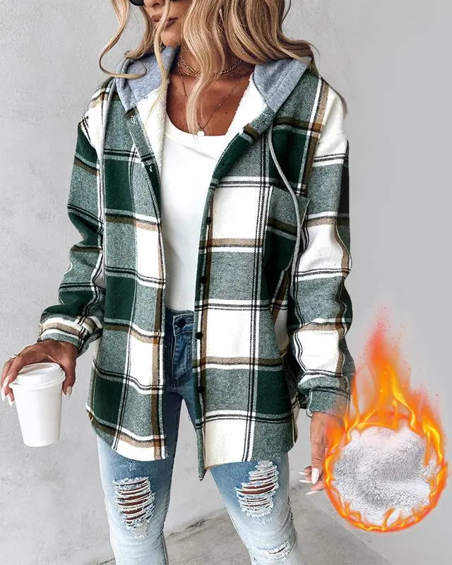 Women's Plaid Pattern Long Sleeve Shacket Button Down Fleece Lined Hooded Jackets Warm Coat Casual Womenswear Comfort Outdoor Soft