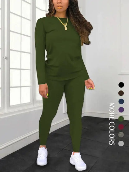 Women's Minimalist Chic Solid Long Sleeve & Elastic Waist Pants Set