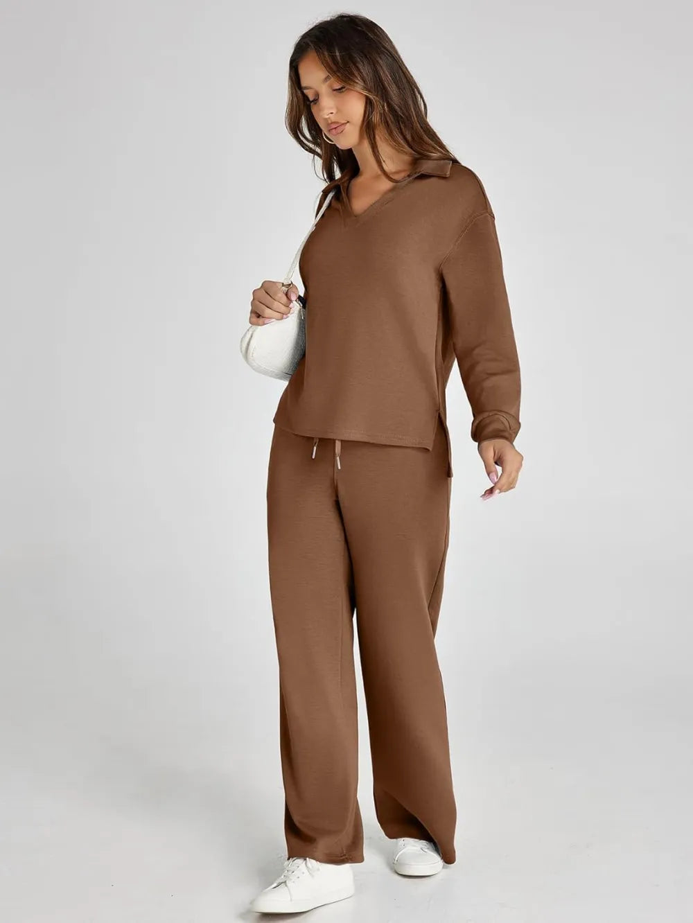 Women's 2 Piece Sets Outfits Casual Long Sleeve Sweatsuits Polo Top and Wide Leg Pants Matching Sets