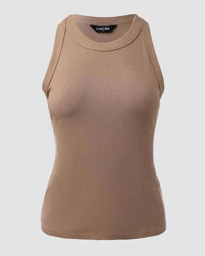 O-Neck Knit Sleeveless Basic Slim Fit Tummy Control Tank Casual Top(Without Pads)