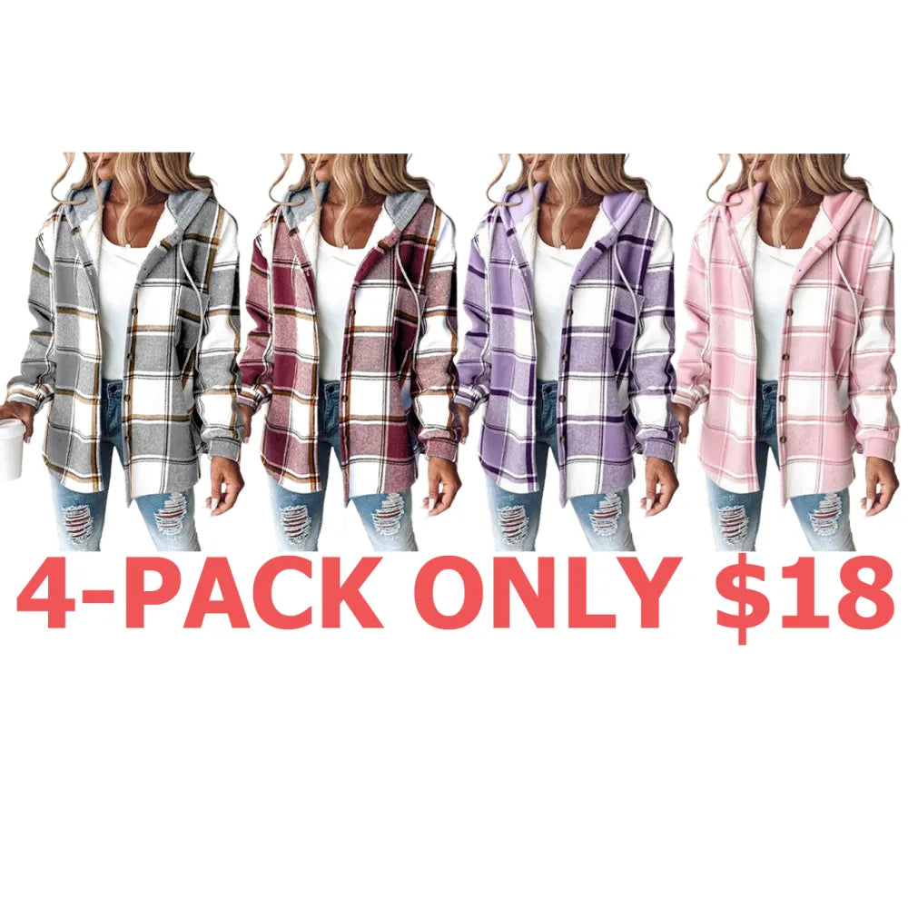 Women's Plaid Pattern Long Sleeve Shacket Button Down Fleece Lined Hooded Jackets Warm Coat Casual Womenswear Comfort Outdoor Soft