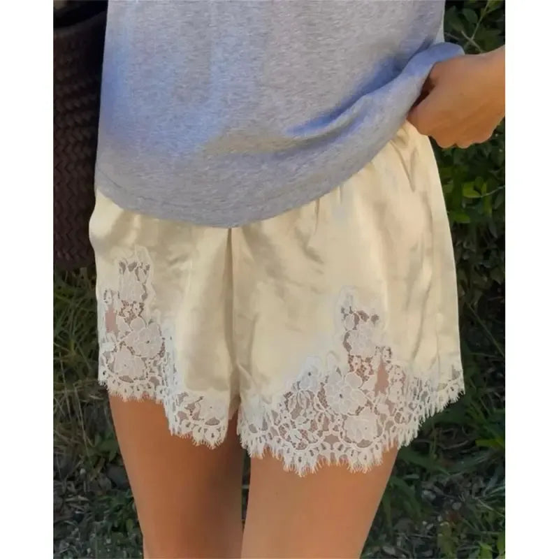 Satin Silk Shorts for Women Y2K Low Rise Lace Trim Micro Mini Shorts