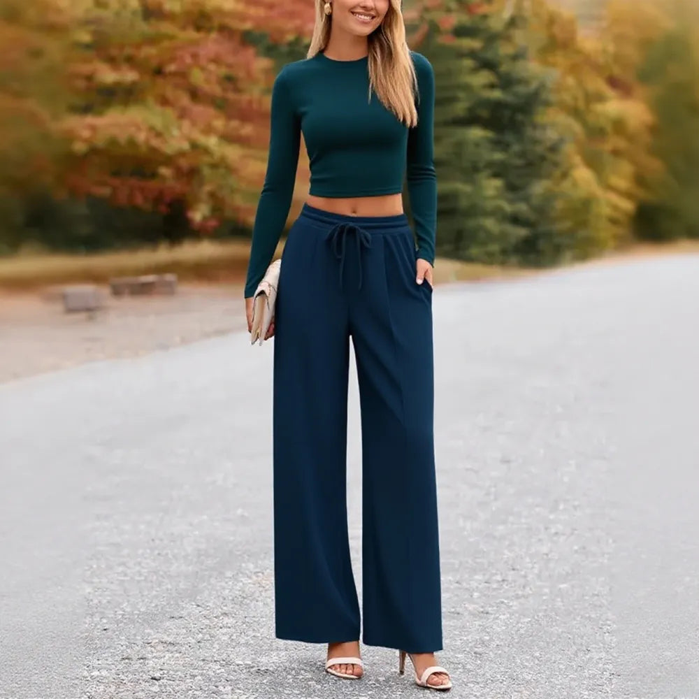 2-Piece Ribbed Knit Long Sleeve Crop Top Wide Leg Pants Matching Lounge Set Loungewear