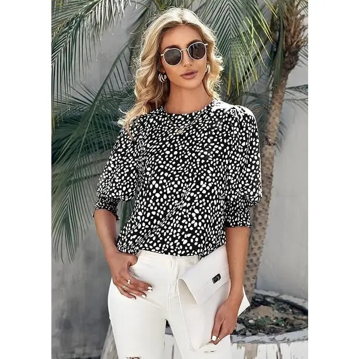 Cicy Bell Women's Polka Dot 3/4 Sleeve Blouse Tops Ladies Casual Office Work Crew Neck T-Shirt Spring Soft Crewneck