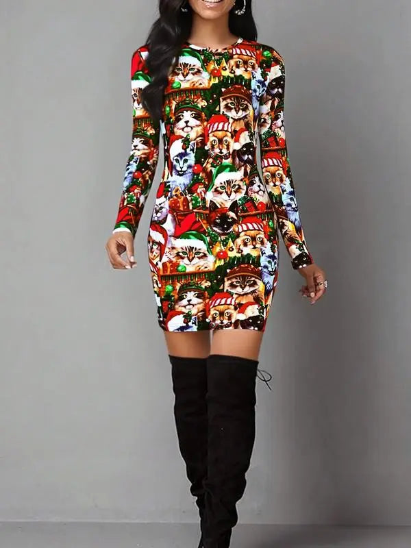 Women's Vintage Geometric Print Casual Long Sleeve Dress