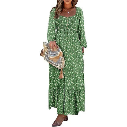 🔥2025 CRAZY DEAL🔥Spring Dresses for Women 2025 Boho Floral Smocked Square Neck Long Sleeve Button Down Beach Long Maxi Dress