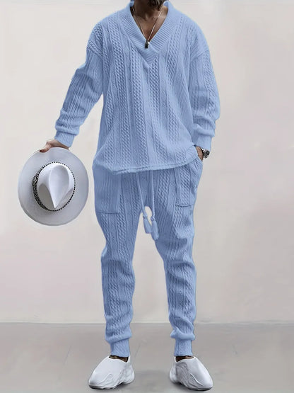 Mens V Neck Sweatshirt Jacquard Tracksuit 2 Piece Men Baggy Sweatsuit Sets Men's Jogging Tracksuit Set Outfit for Men