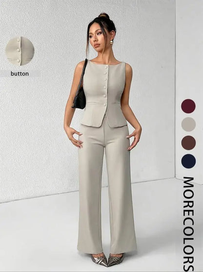 Women's Solid Button Front Tank Top & Wide Leg Pants Set
