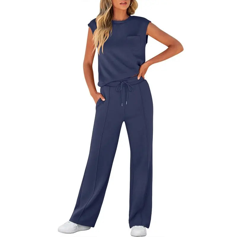 Women's Summer 2 Piece Outfits Casual Sleeveless Sweatsuits Matching Wide Leg Tracksuits Lounge Sets Women Basic Vacation Outdoor Outfit Sets Womenswear