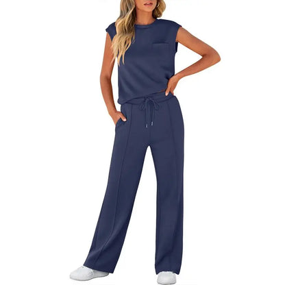 Women's Summer 2 Piece Outfits Casual Sleeveless Sweatsuits Matching Wide Leg Tracksuits Lounge Sets Women Basic Vacation Outdoor Outfit Sets Womenswear