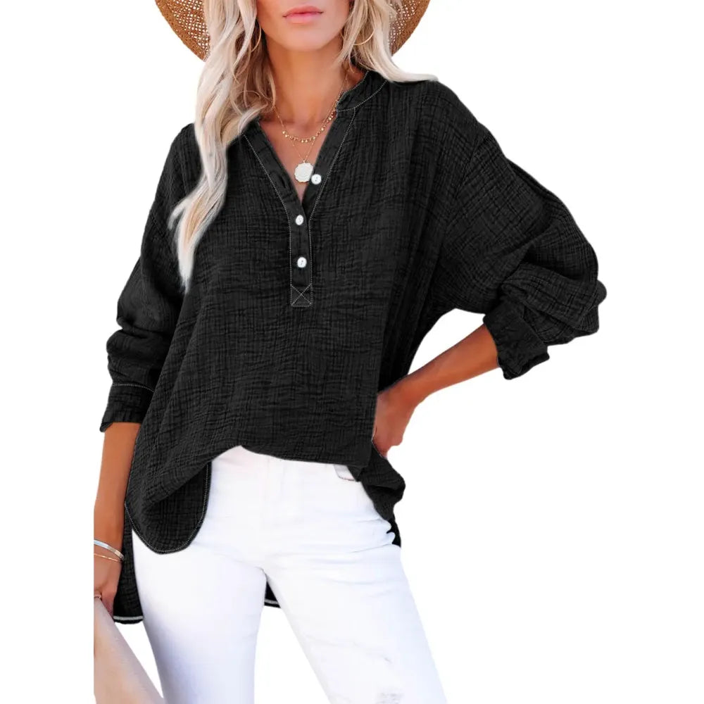 Women's Casual Button V Neck Long Sleeve Shirts