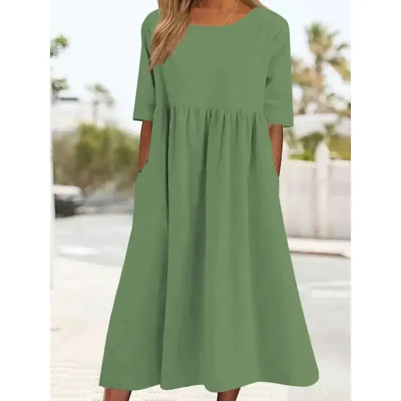Cotton and Linen Casual Short Sleeve Pocket Dress