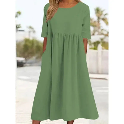 Cotton and Linen Casual Short Sleeve Pocket Dress