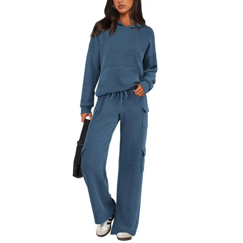 Womens Fall Outfit 2-Piece Knitted Sets Hoodie Tracksuits Wide Leg Pants With Pocket And DrawString Long Sleeve Hooded Kangoroo Pocket Tops Knitwear Sporty Loungwear, Womenswear Travel Outfit