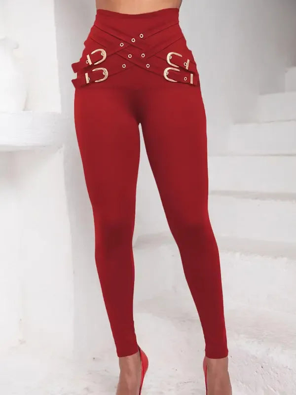 Women's Criss Cross Metal Buckle Decor High Waist Rise Leggings