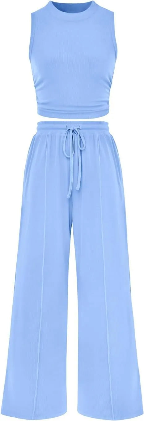 Women Summer 2 Piece Outfits Ribbed Knit Cropped Top Elastic Waist Wide Leg Pants Lounge Set