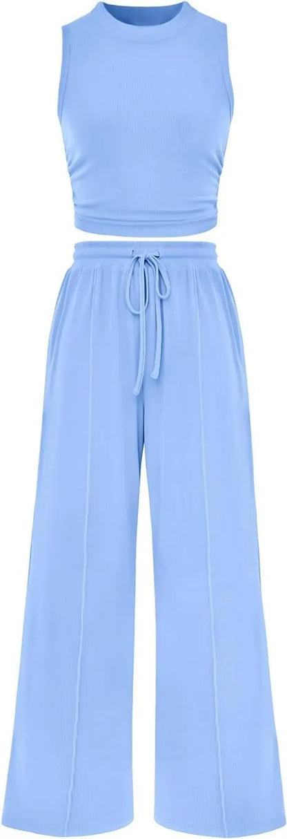 Women Summer 2 Piece Outfits Ribbed Knit Cropped Top Elastic Waist Wide Leg Pants Lounge Set