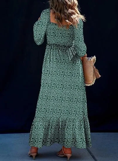🔥2025 CRAZY DEAL🔥Spring Dresses for Women 2025 Boho Floral Smocked Square Neck Long Sleeve Button Down Beach Long Maxi Dress