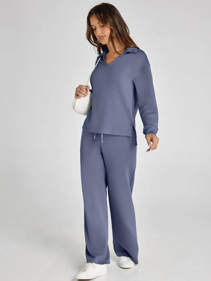 Women's 2 Piece Sets Outfits Casual Long Sleeve Sweatsuits Polo Top and Wide Leg Pants Matching Sets